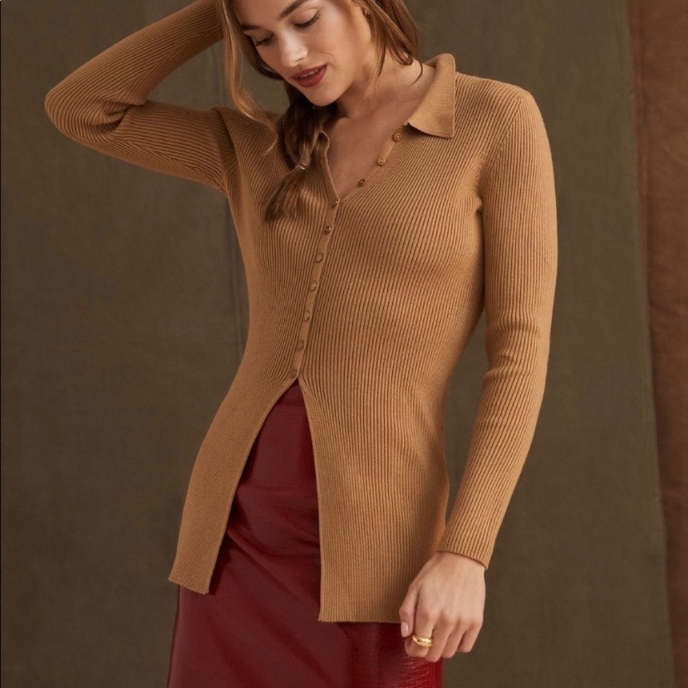 Anthropologie Maeve Ribbed Slim Cardigan Button Front Collar Camel XS